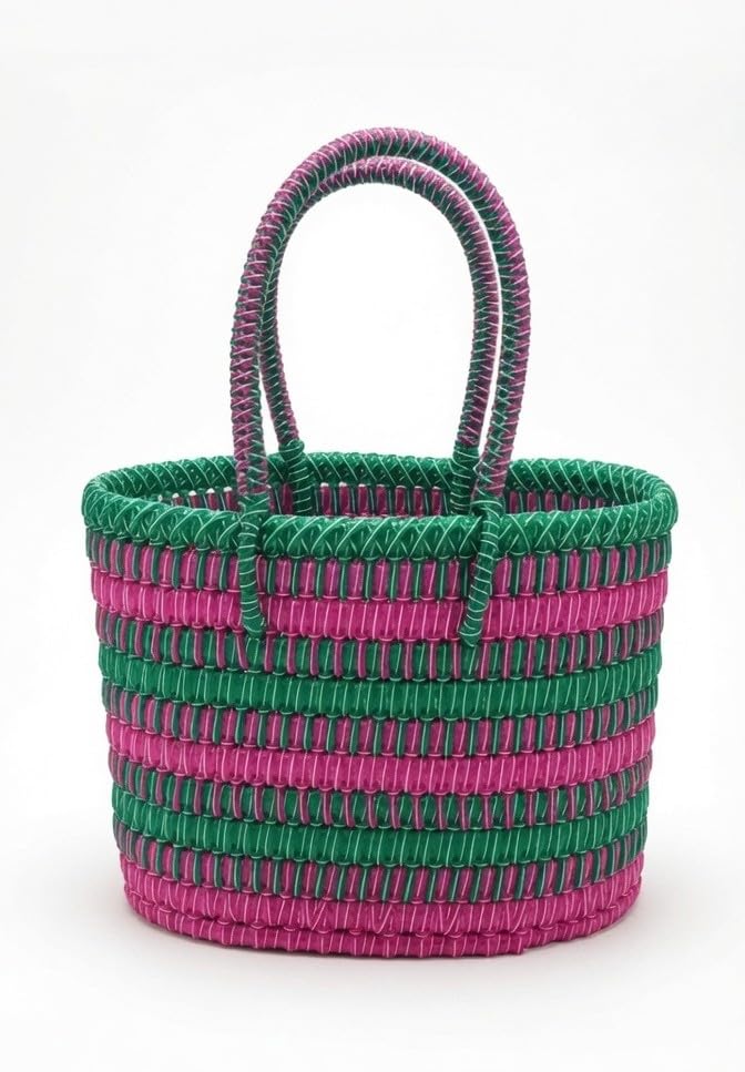 Koodai-Plastic Tape Wire Storage Basket with Handles| Waterproof Koodai for Groceries Vegetables Fruits -Premium Woven Multipurpose Organizer for Kitchen Market Gifting -Dual green and pink color-image-37