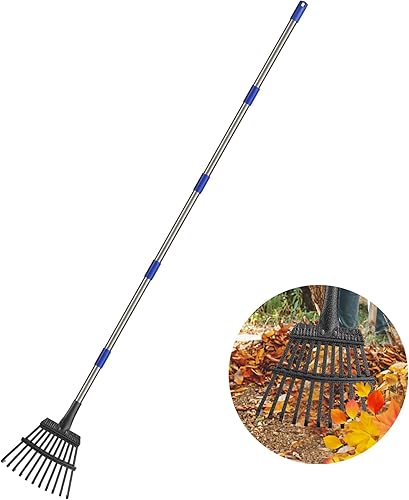 Rastrillo para hojas, 8 pulgadas de ancho, 11 dientes pequeños, de metal, para jardín, ajustable, césped, patio, arbusto, rastrillo de hojas para