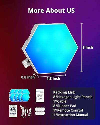 Miniatura 3 de ilumeplay Paquete de 8 luces hexagonales RGB que funcionan con panel de luces de pared creativas con sincronización de música, luces de juego para