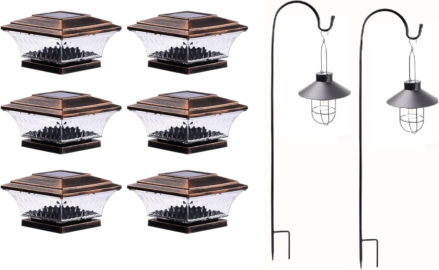 Brushed copper solar Post cap lights and black solar hanging lights