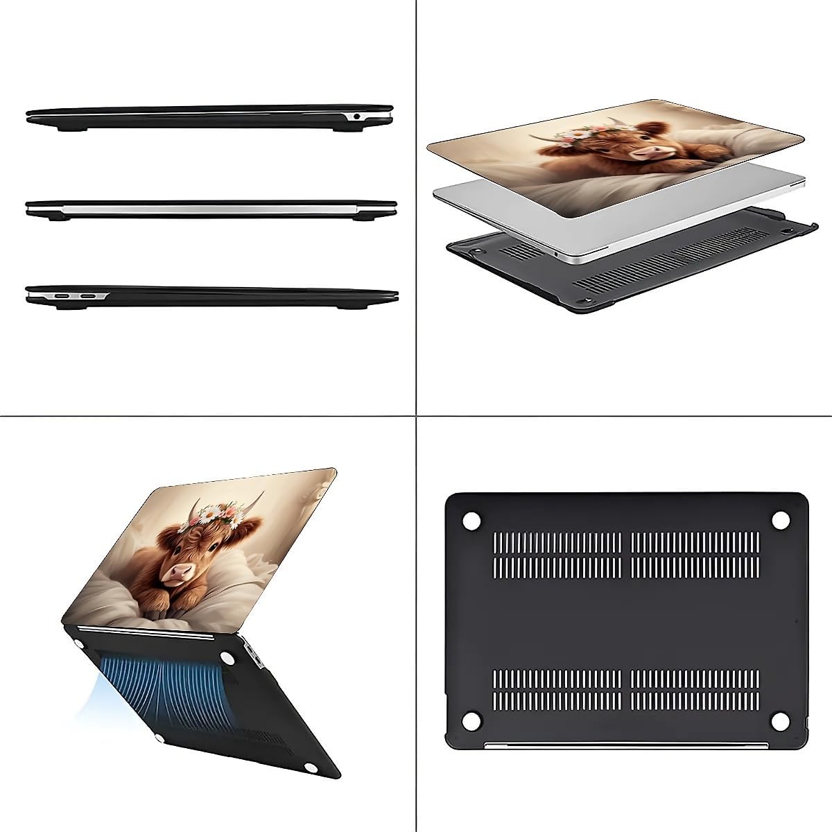 Compatible with MacBook Air 15 Inch 2023/2025 Version of M2 A2941/M4 A3241 Plastic Black Computer Case for Girl Boy Fashion Pattern Cute Brown Highland Cow Sleeping