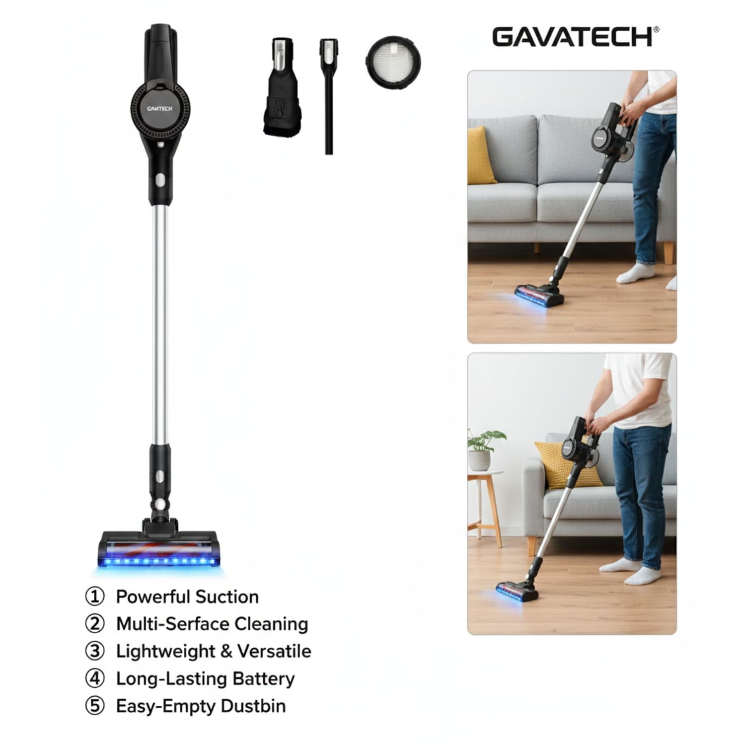 VC6 – Aspiradora de Mano Inalámbrica 250W, Cepillo Eléctrico con Iluminación LED, Motor de Alta Succión, Diseño Ergonómico y Ligero para Hogar y Coche.