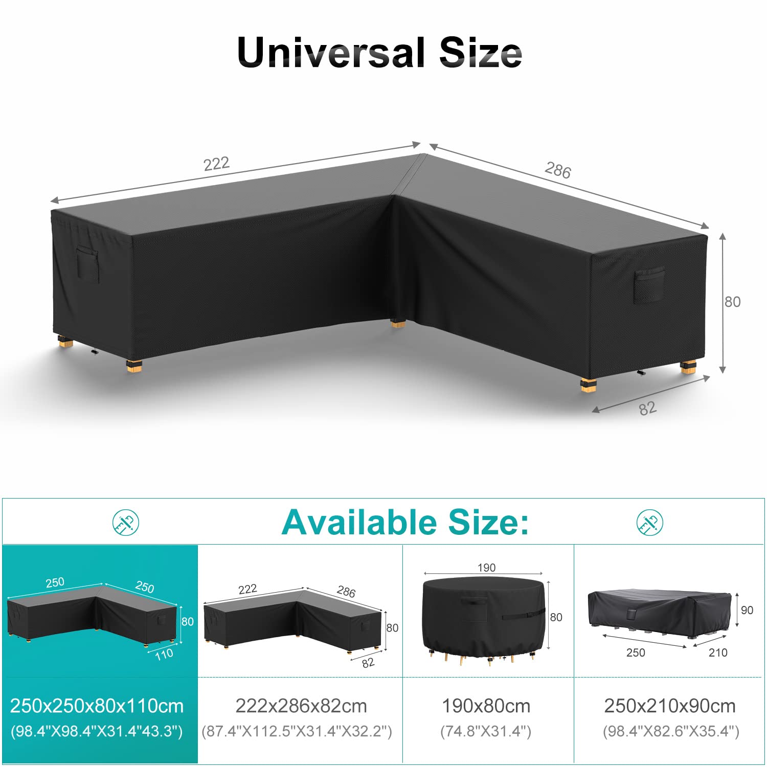 Funda Exterior Muebles Jardin en Forma de L 250x250x110x80cm, 600D Funda Sofa Exterior Impermeables con Salida de Aire, Impermeables, Resistentes al Desgarro, Funda para Sofá de Esquina
