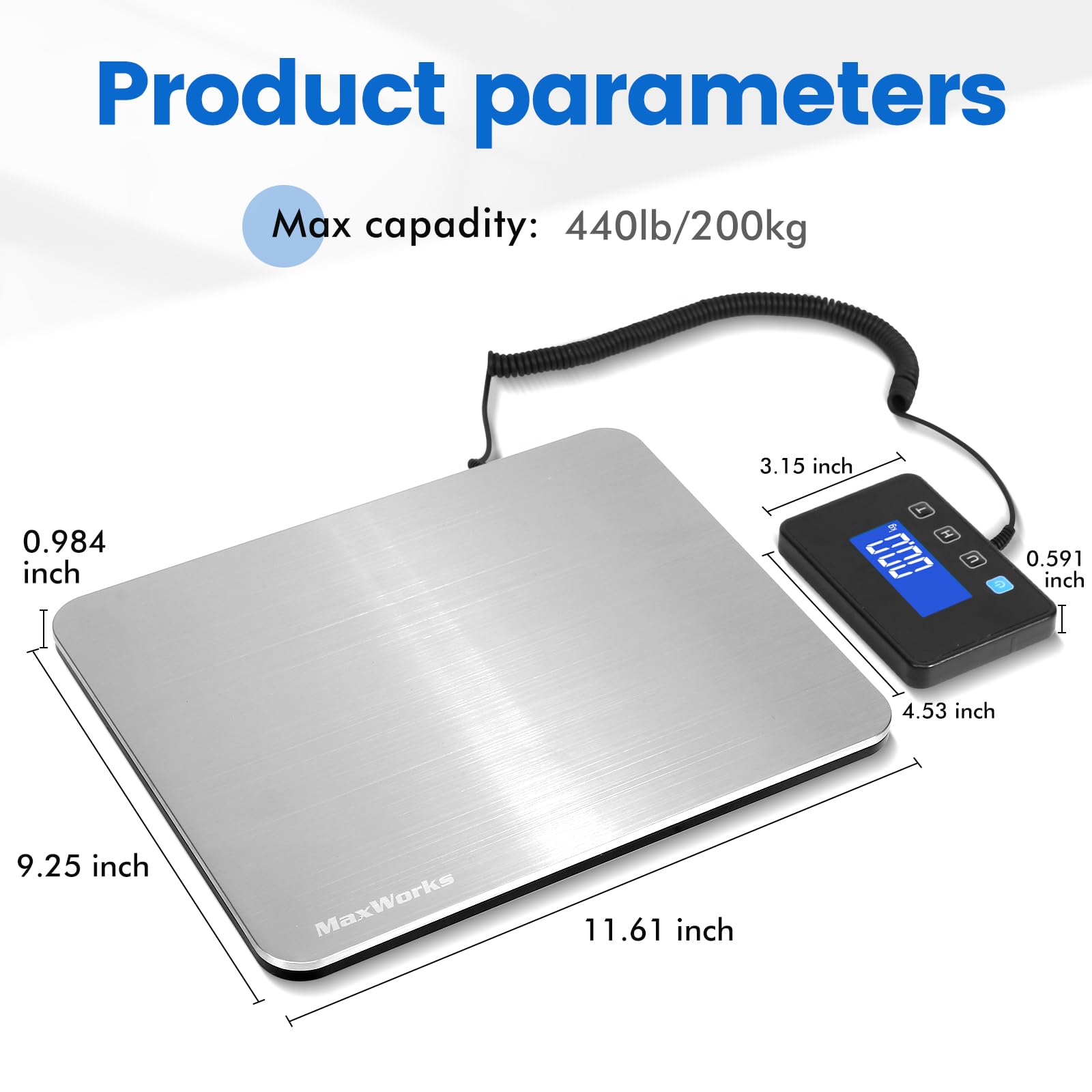 MaxWorks 51076 Báscula digital para equipaje, capacidad de 440 libras, doble alimentación (recargable USB-C o 2 pilas AAA), acero inoxidable y vidrio, portátil para viajes y negocios, plata (unidades