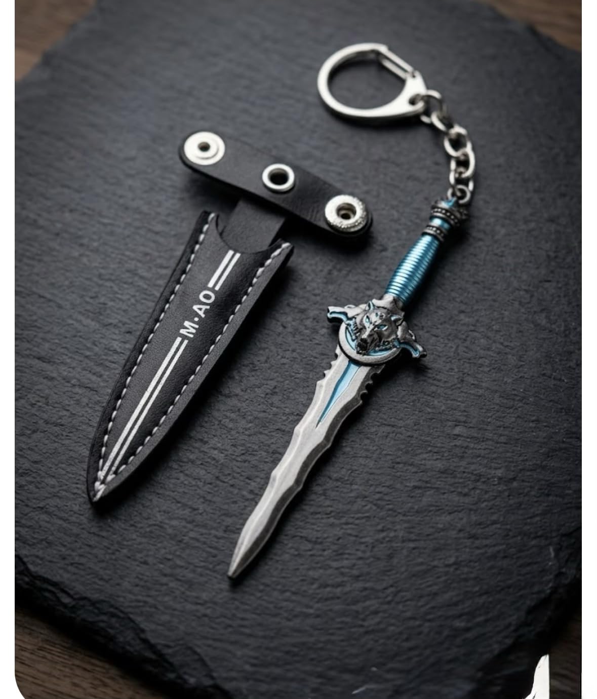 Mini Sword Keychain with Leather Sheath, Metal Dagger in Blue
