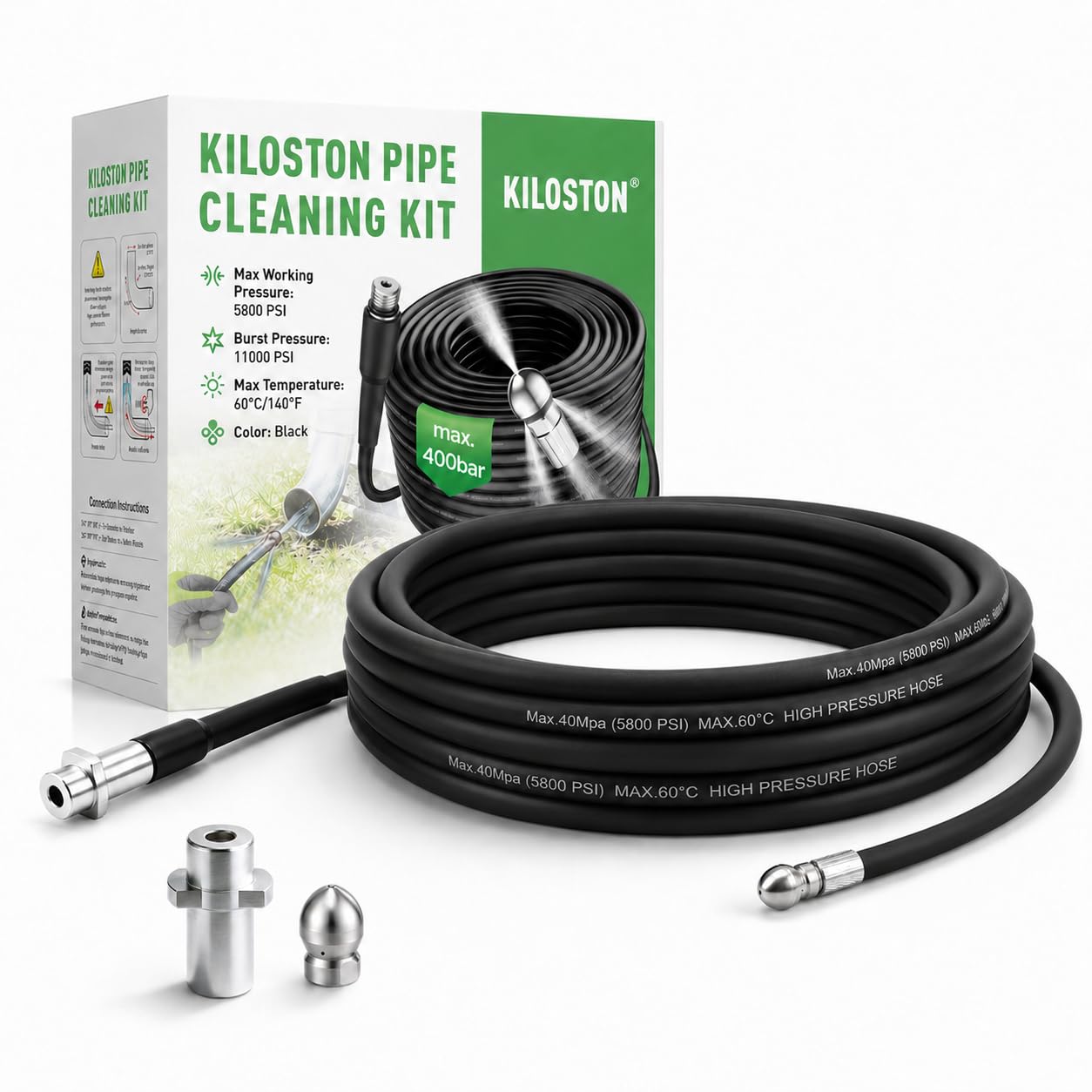 Desatascador de Tuberías a Presión 15m, 400 Bar/5800 PSI, manguera fina y flexible compatible con Serie K K2–K7, con boquilla de penetración para curvas, tuberías estrechas y desagües obstrui