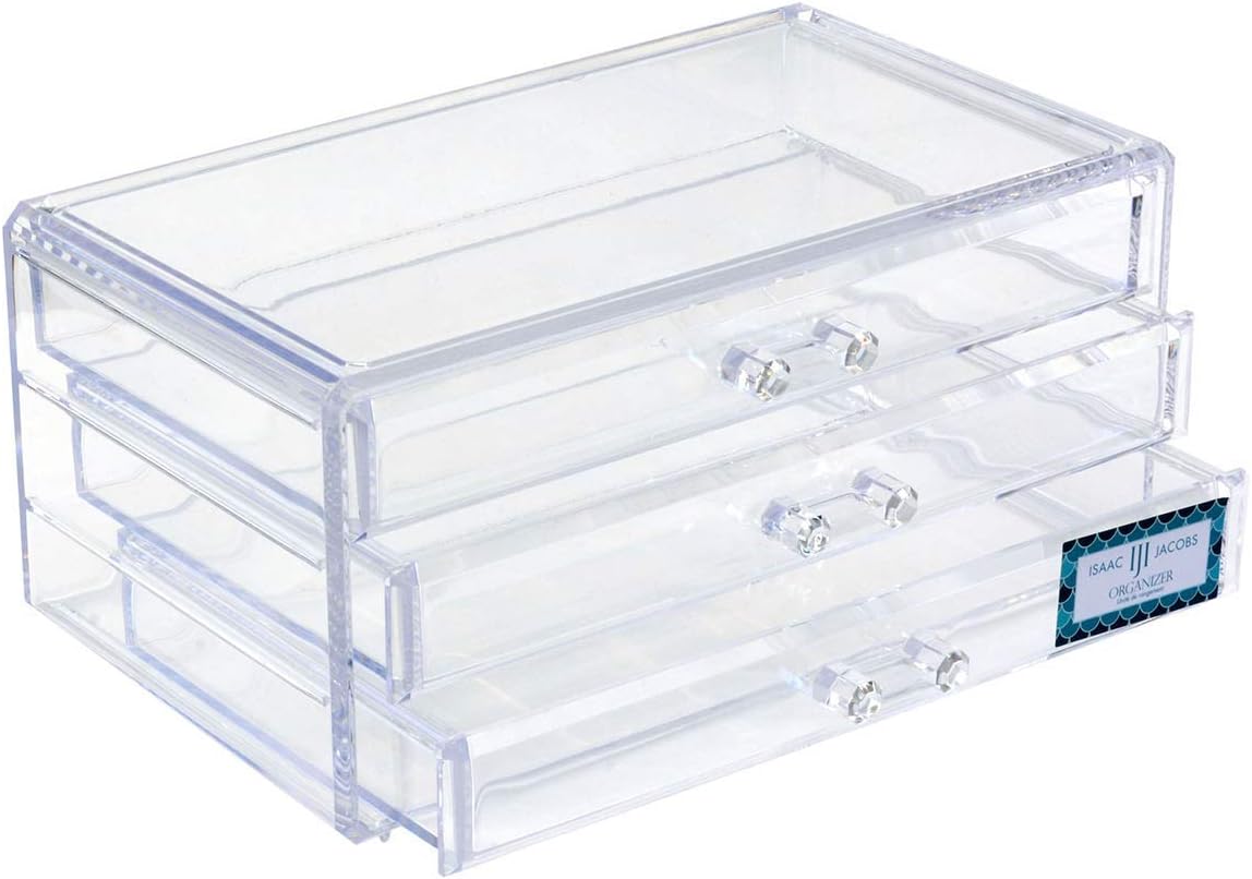 Isaac Jacobs Clear Acrylic 3-Drawer Stackable Jewelry Organizer, Cosmetic & Makeup Case with 3-Drawer Trays, Made for Bedroom, Bathroom, Countertop & Dresser