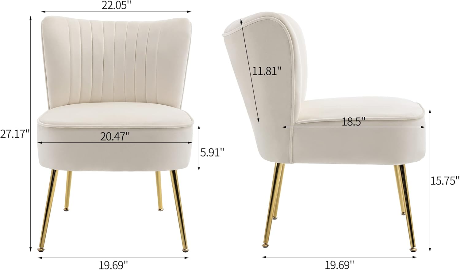 KCC Modern Velvet Upholstered Accent Chair Set of 2,Mid Century Living Room Chairs with Golden Legs,Comfy Armless Chair Wingback Single Sofa Side Chair for Bedroom,Beige