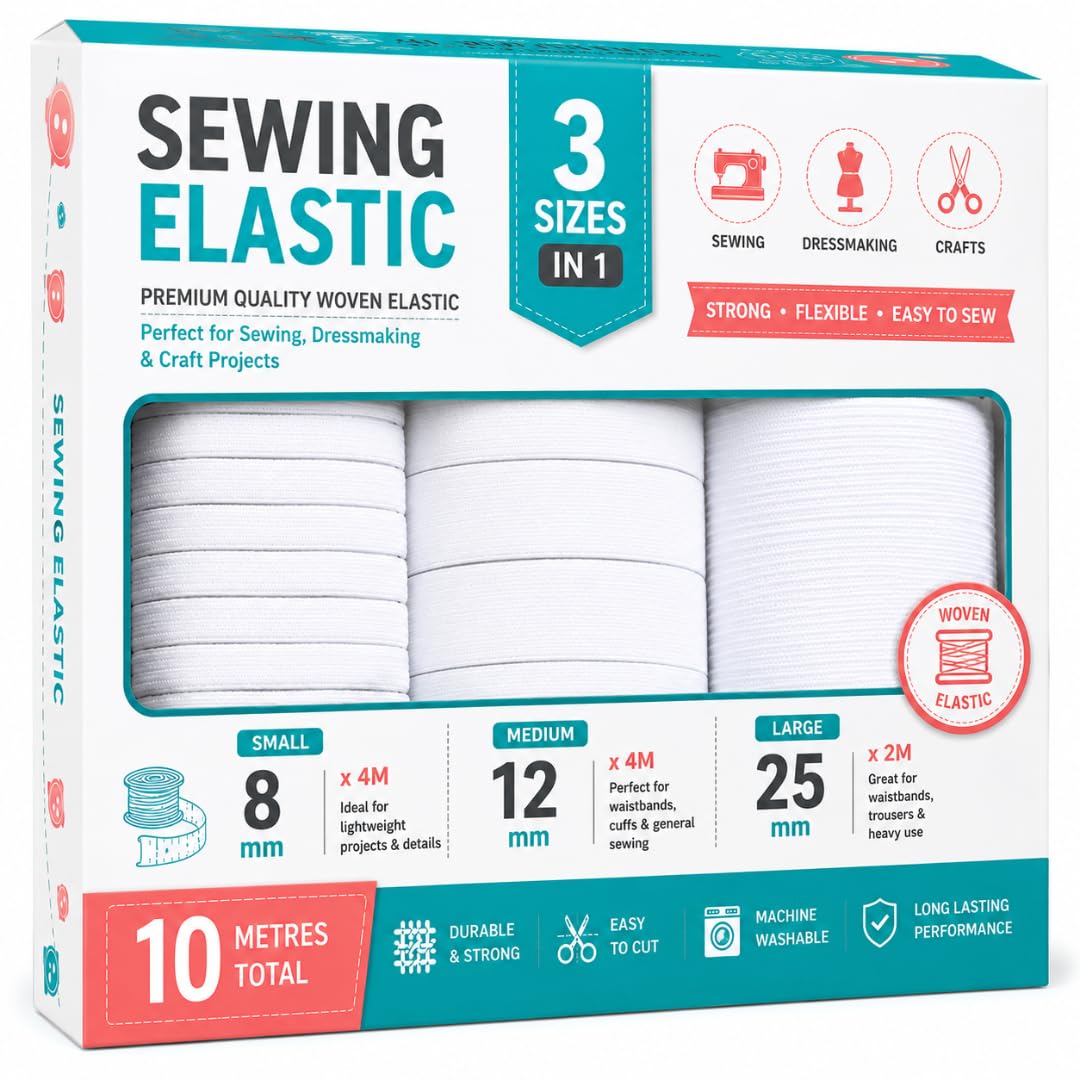 Lnd Gifts White Sewing Elastic Band Assorted Sizes – 10M Elastic For Sewing, Dressmaking & Waistbands – 8Mm, 12Mm & 25Mm Wide Woven Elastic Cord For Crafts, Clothing Repairs & Haberdashery –