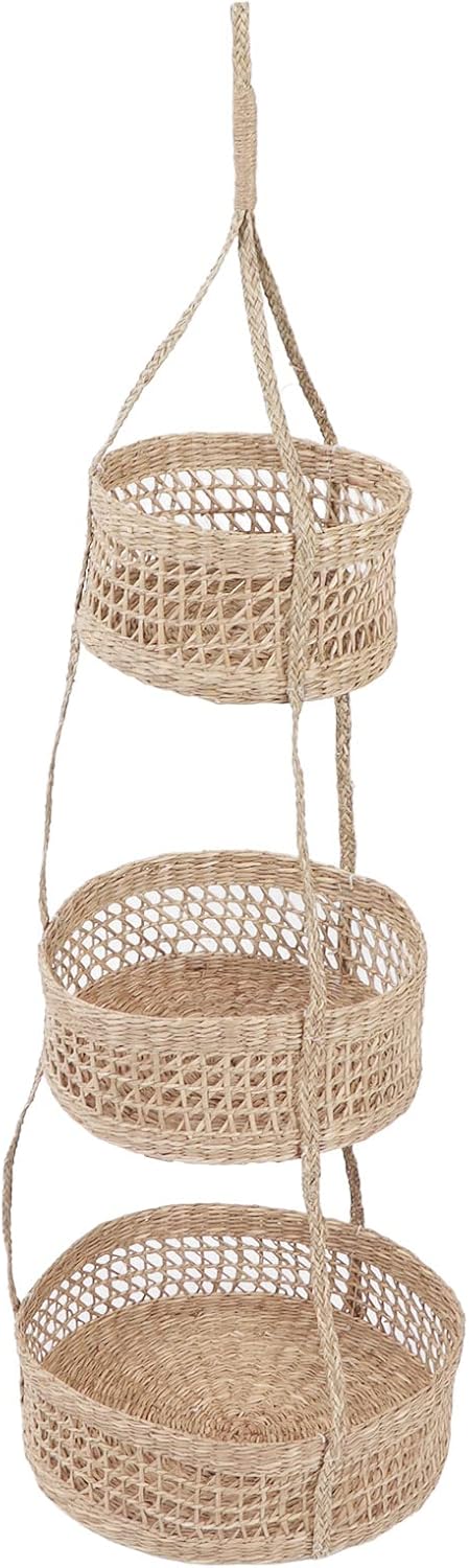Hanging Fruit Basket Rattan 3 Tier, Multifunctional Hanging Produce Basket with Bohemian Design, Foldable Wall or Ceiling Mounted Storage for Kitchen Home Office