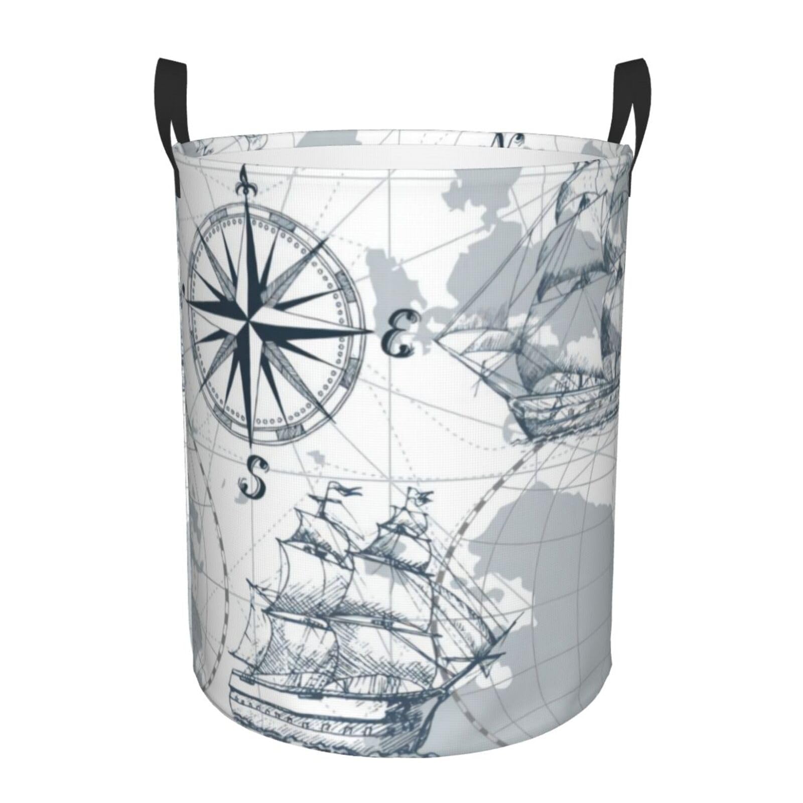 M Circular Hamper Nautical Sailboat Map Print Storage Basket for Home
