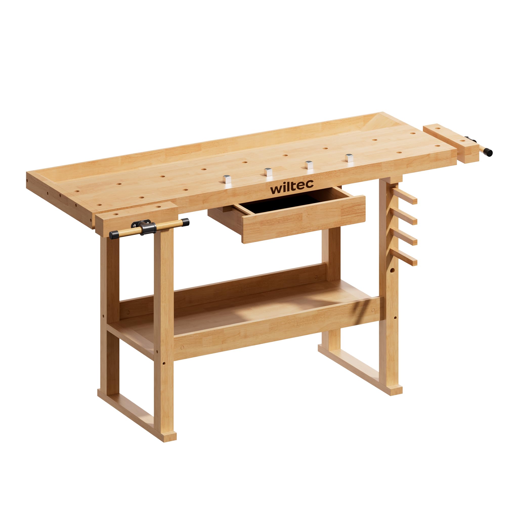 Wiltec Établi de Travail – en Hévéa/Rubberwood – 151 x 61,5 x 86 cm – avec Tiroir, Espace de Rangement, Pince et Crochet d’établi – pour aménagement, cousure – Banc de rabotage