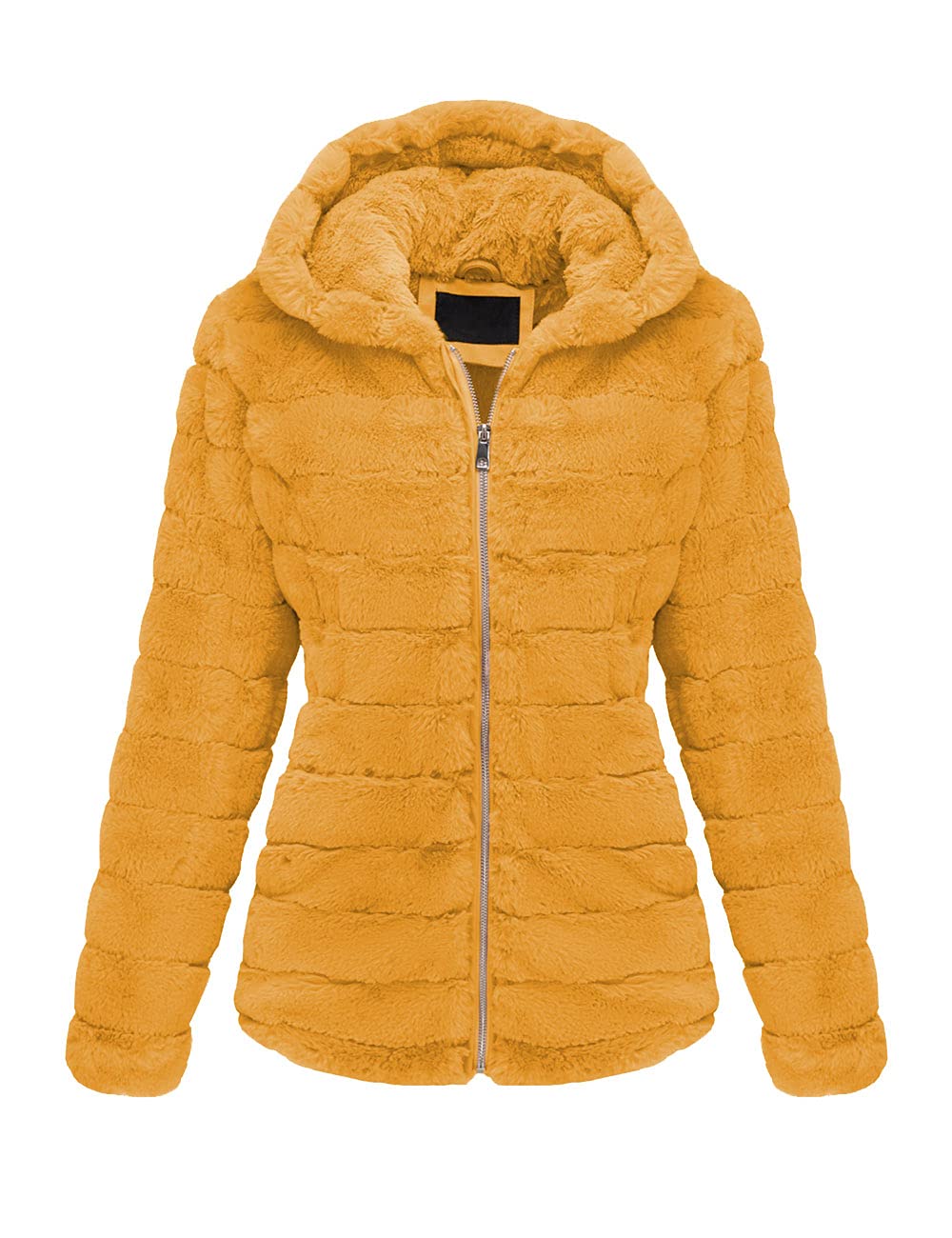 Bellivera Women Faux Fur Coat Fleece Fuzzy Hooded Fluffy Shaggy Shearling Sherpa-Lined Jacket 1801 Yellow M