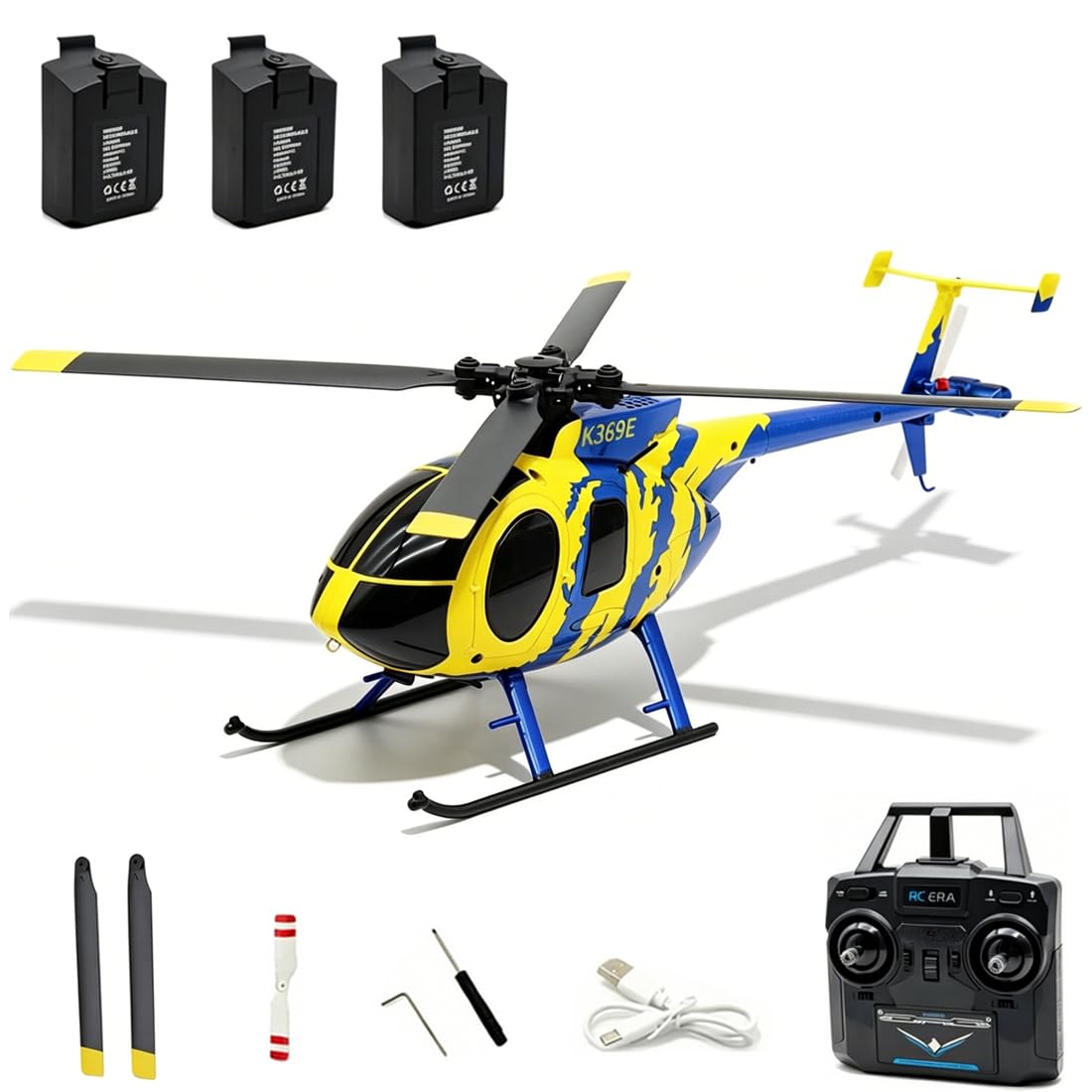 RC ERA C184 MD500 RC Helicopter, 2.4G 4CH Brushless RC Helicopter with Optical Positioning, 6-Axis Groy Military Aircraft Model for Adults - 3 Battery