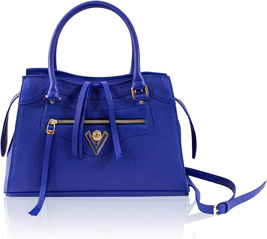 Women's Large Handbag Italian Designer Top Handle Purse Tote Bag Cobalt Blue Genuine Pebbled Leather Bag with Tassels