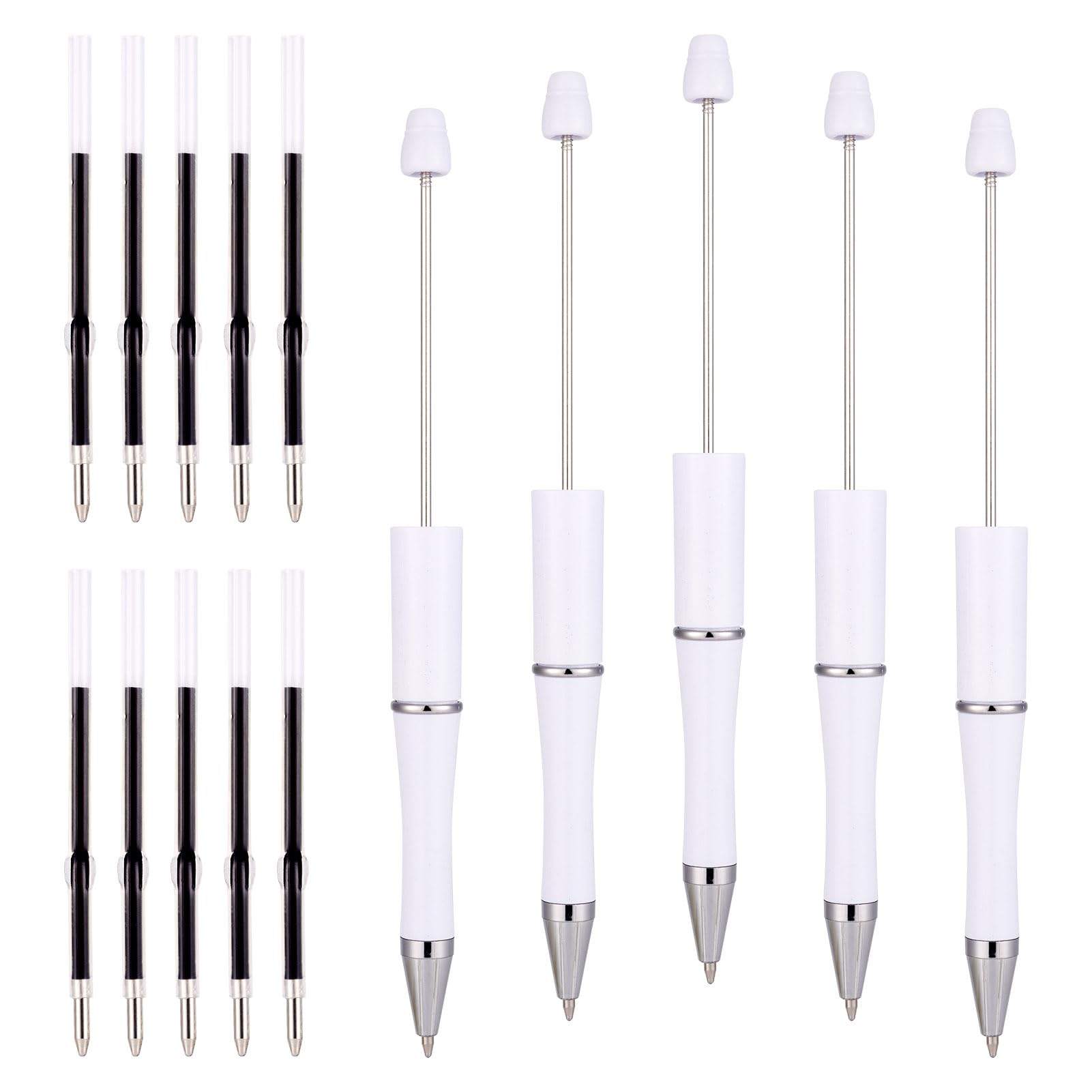 PandaHall 5pcs Beadable Pens with 10pcs 1mm Pen Refills Plastic Beaded Pens Shaft Black Ink Ballpoint Pens for Pen Making School Office Craft Supplies White