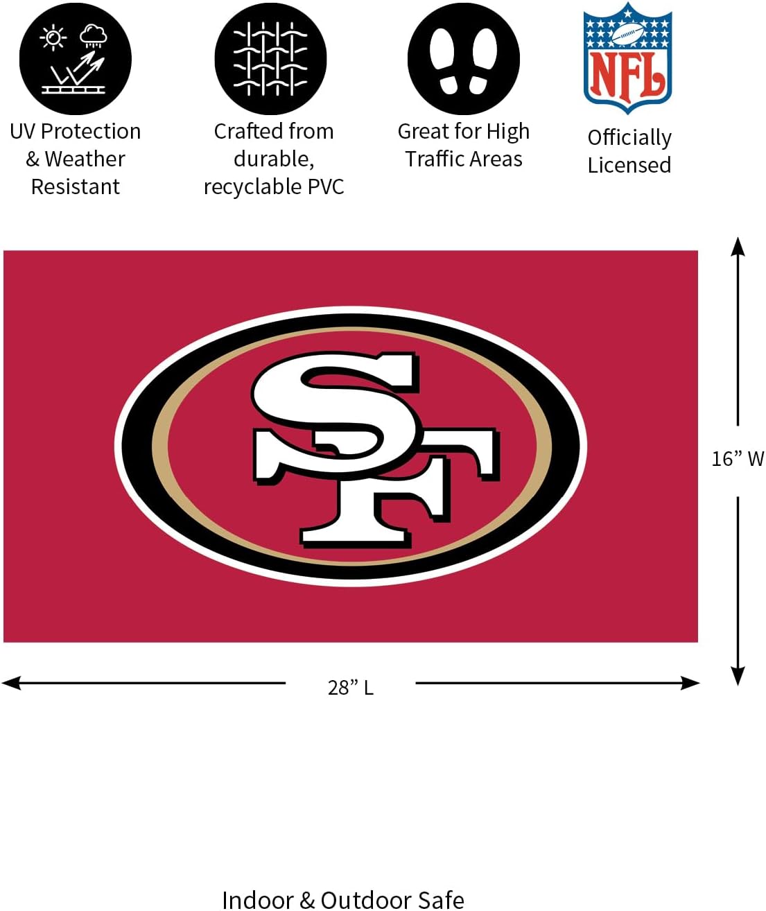 Team Sports America NFL San Francisco 49ers Sports Doormat | Indoor Outdoor Entrance | 28 x 16 Inches | Non-Slip Front Door Mats | Official Licensed | Sports Fans Entryway Welcome Rug