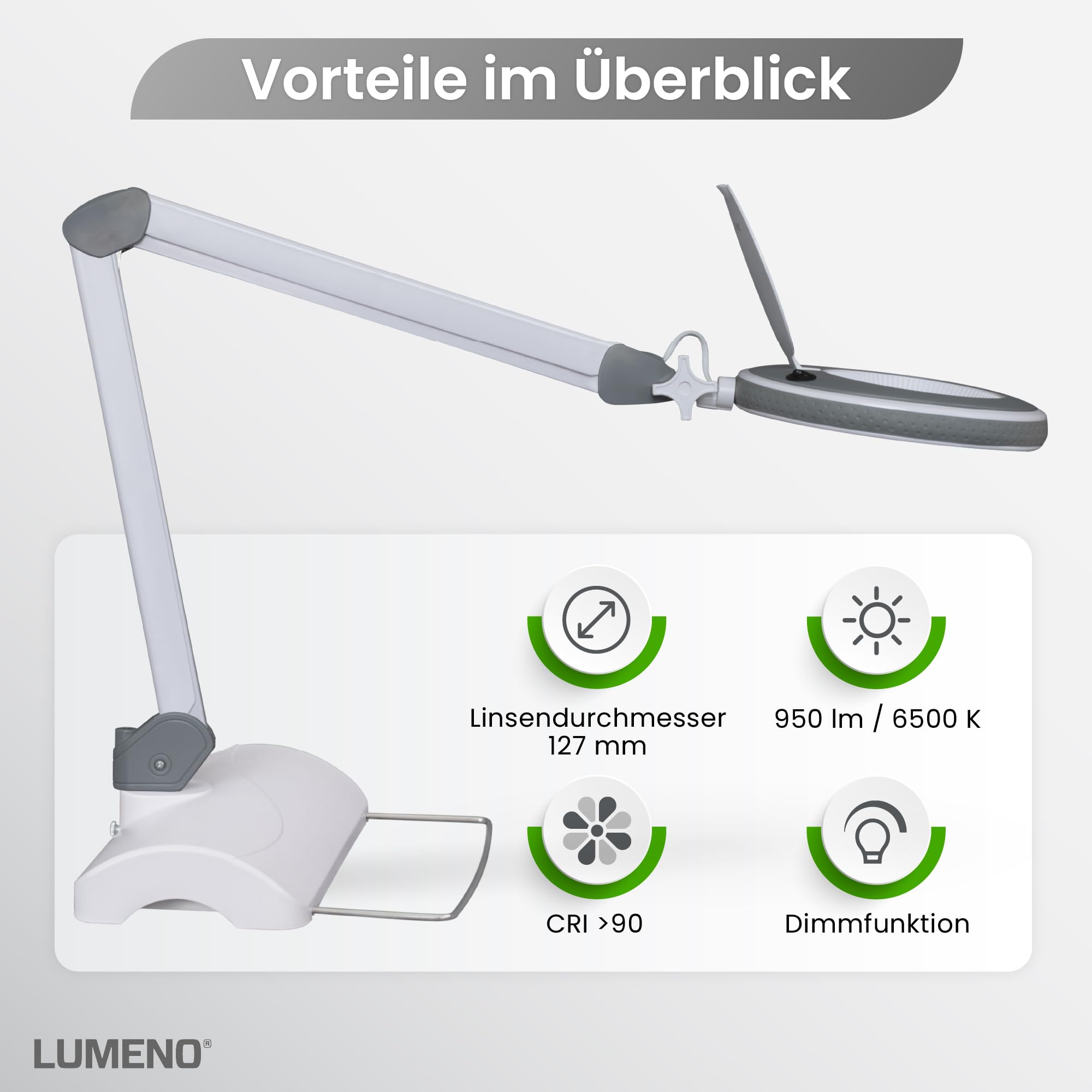 Lumeno 8215GR LED Lupenleuchte Arbeitsplatzleuchte Kosmetiklampe, einstellbare Helligkeitsstufen, kristallklare 127 mm Glaslinse, Lesehilfe/Lupe, 5 Dioptrien mit Tischfuß