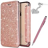 ikasus iPhone 5S Case,iPhone 5 Case,iPhone SE Case, Crystal Shiny Glitter Plating TPU PU Leather Flip Wallet Pouch Bookstyle Cover & Card Slots Protective Case Cover +Touch Pen Dust Plug,Rose Gold