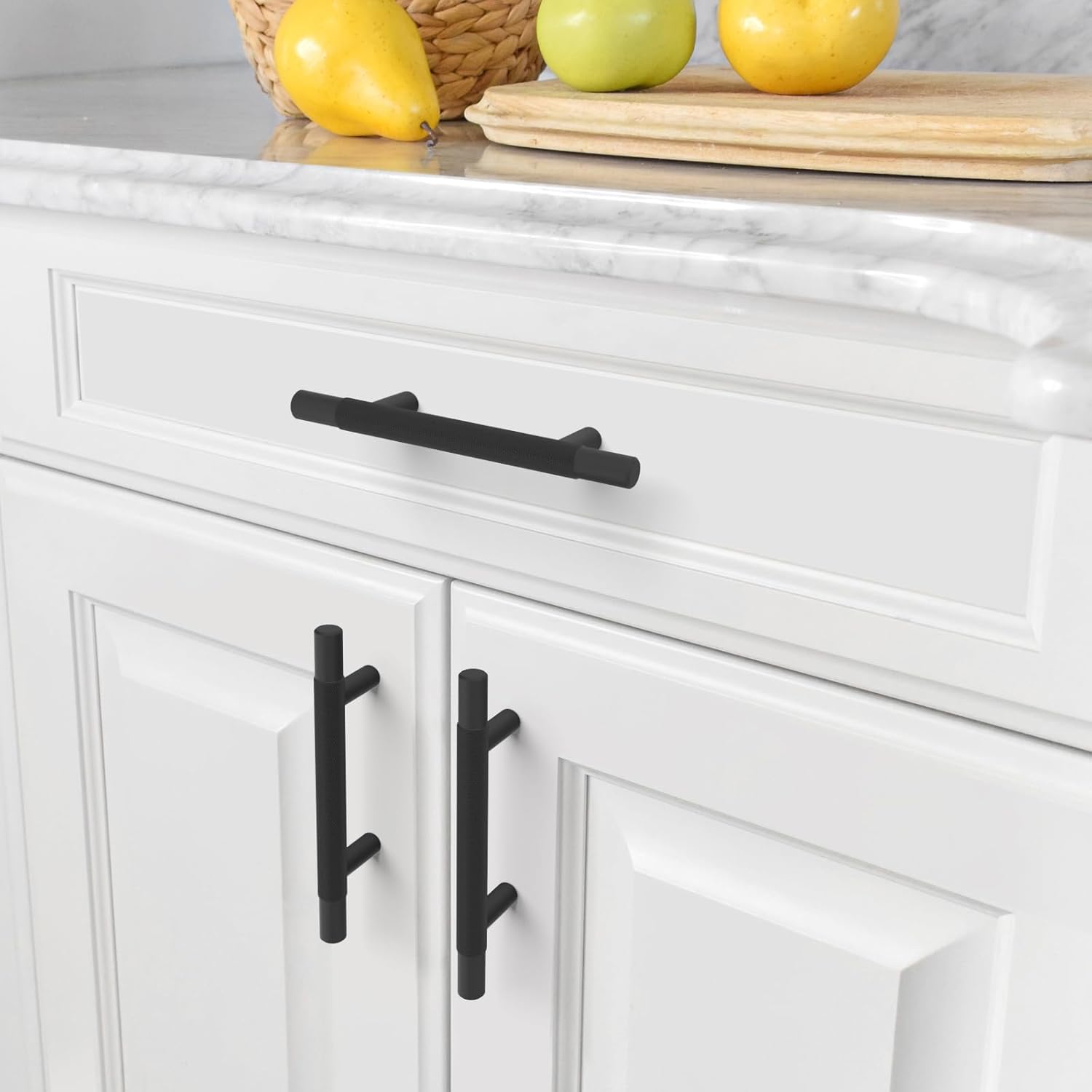 Amerdeco 10 Pack Matte Black Knurled Cabinet Pulls 3 Inch Hole Centers Kitchen Cabinet Solid Handles Hardware Kitchen Handles for Cabinets Handles IH0006