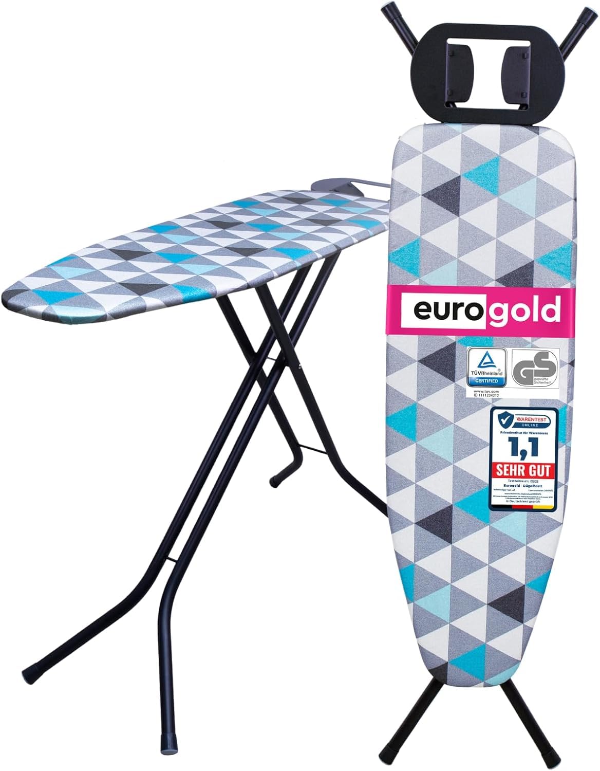 EUROGOLD® Bügeltisch 120x38 cm – Bügelbrett höhenverstellbar, stabil & kompakt klappbar, metallisierter Bezug für schnellere Hitzereflexion, große Bügelfläche, Made in Europe, Lagune