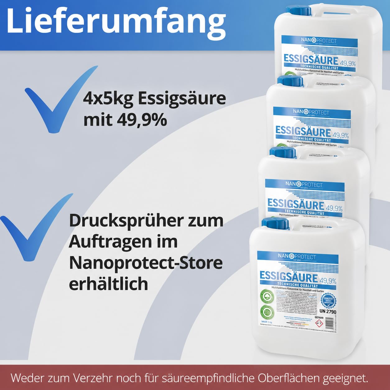 Nanoprotect Essigsäure 49,9% Klimaneutral - 20 kg | Ideal als Reiniger und Entkalker | Für Haus und Garten | Premium Qualität – Made in Germany