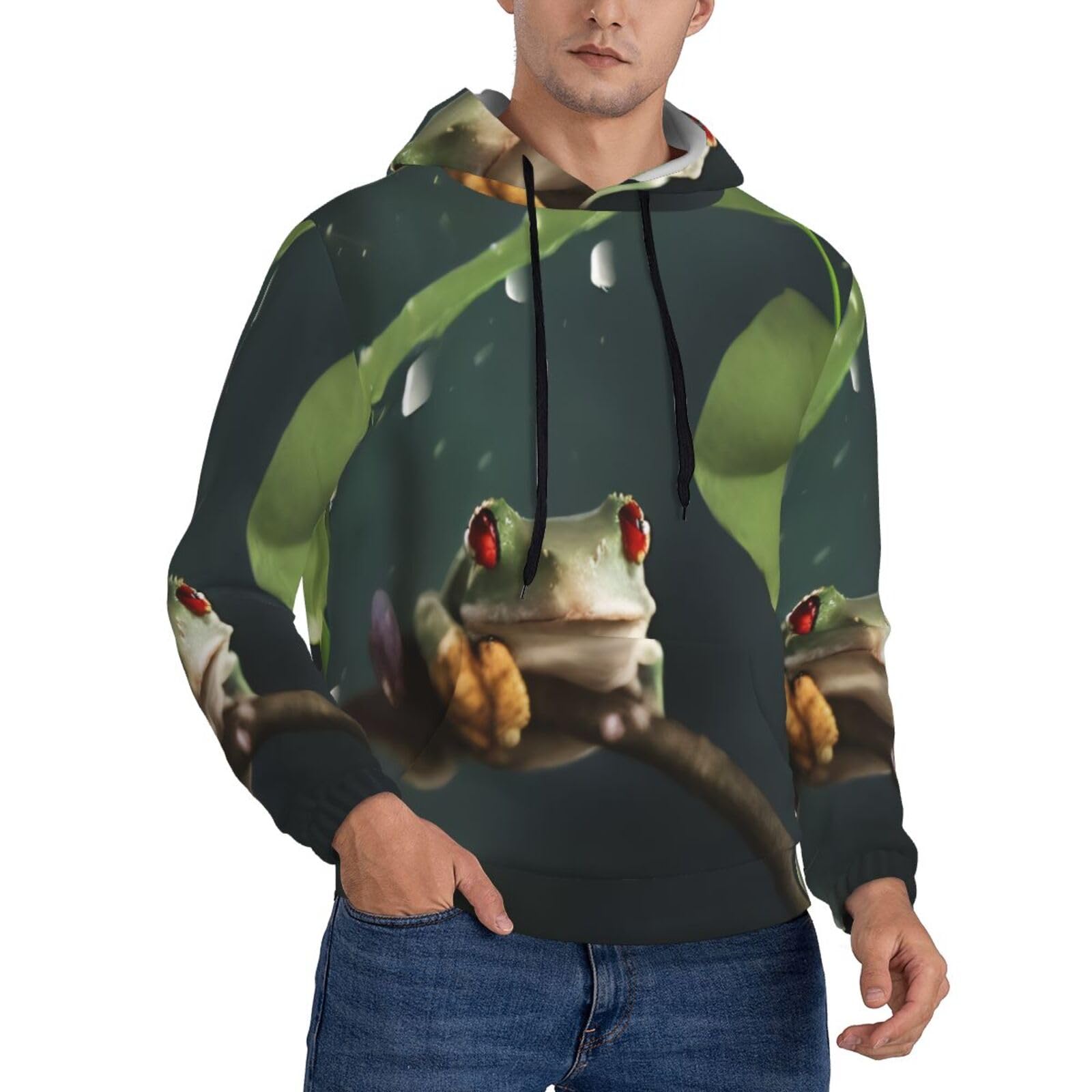 KHDKLXOHZ Men'S Hoodies Pullover Frog And Rain Print Hooded Sweatshirt Long Sleeve Hoodie Casual Tops With Drawstring Big Pockets