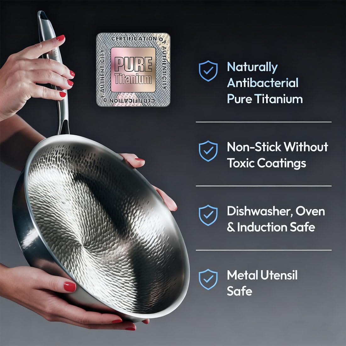 Titanium Hammered Frying Pan with Lid - 12 Inch Professional Titanium Pans for Cooking, Scratch-Resistant, Chemical-Free & Extreme Heat-Resistant Skillet for All Stovetops (No Lid,11.81in)