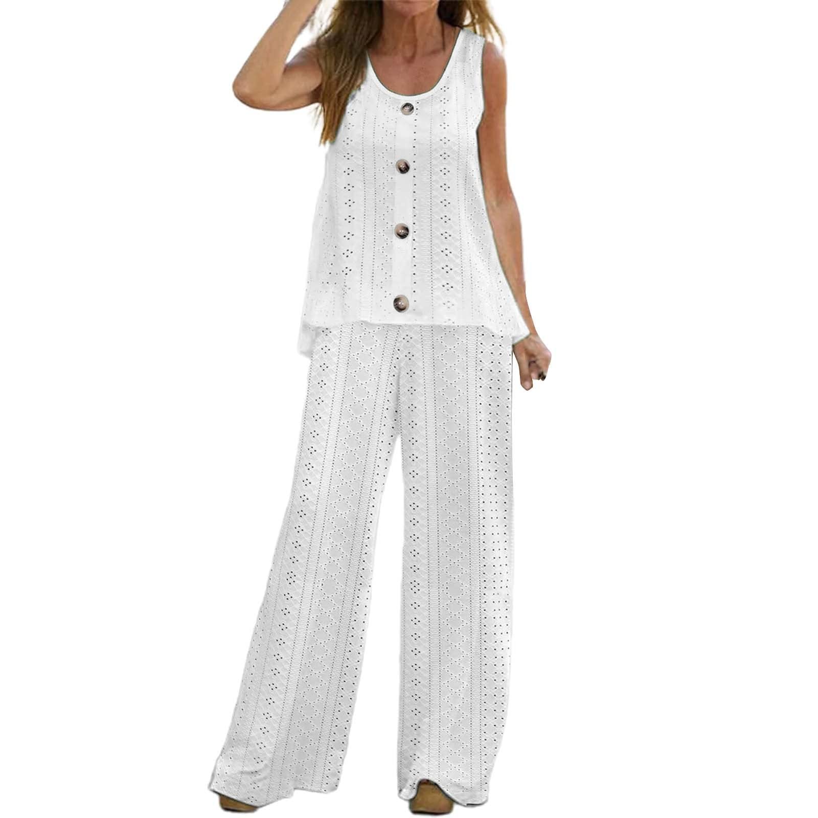 Generic Traje de pantalón elegante para mujer, conjunto informal de verano de dos piezas, sin mangas, cuello en O, camisetas sin mangas, pantalones largos, conjunto de 2 piezas, vestido de mujer