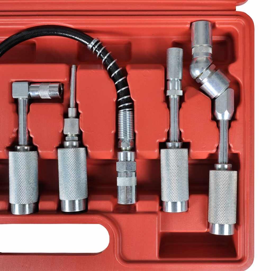 Adapter do wyciskania tłuszczu, zestaw 7-częściowy z wężem pancernym do samochodów, budowy maszyn, rolnictwa, łącznie z walizką na narzędzia, złączkami smarowymi, przedłużkami, adapterem