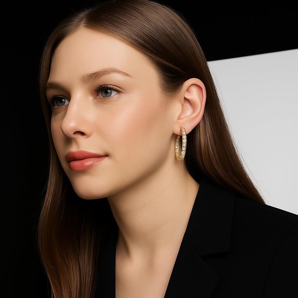 14K Gold Hoop Earrings with Dual-Sided CZ for Women, Hypoallergenic for Sensitive Ears, 15/20/30mm