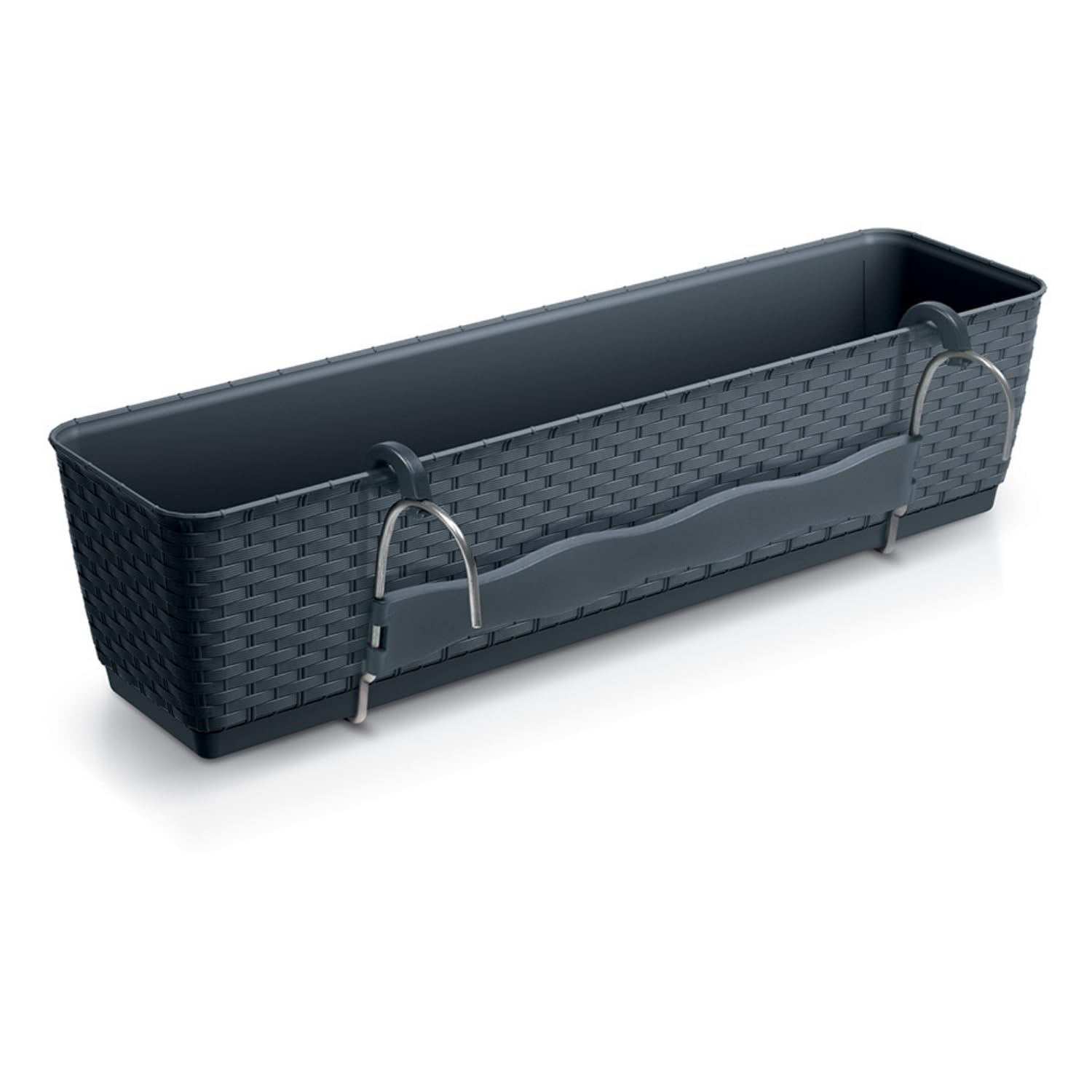 Hanging Rattan-Style Self Watering Flower Box Planter Rectangular Plastic Balcony & Fence Basket with Hooks – Weather-Resistant Indoor/Outdoor Window Box (Anthracite, L59cm x W15.4cm x H14.2cm)
