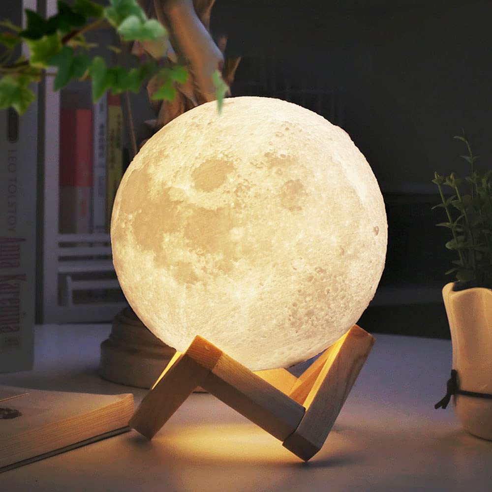 Moon Lamp Kids Night Light 2 Colori LED 3D Moon Light con Supporto in Legno, Touch Control USB Ricaricabile Regalo per Bambino Ragazze Ragazzi Compleanno