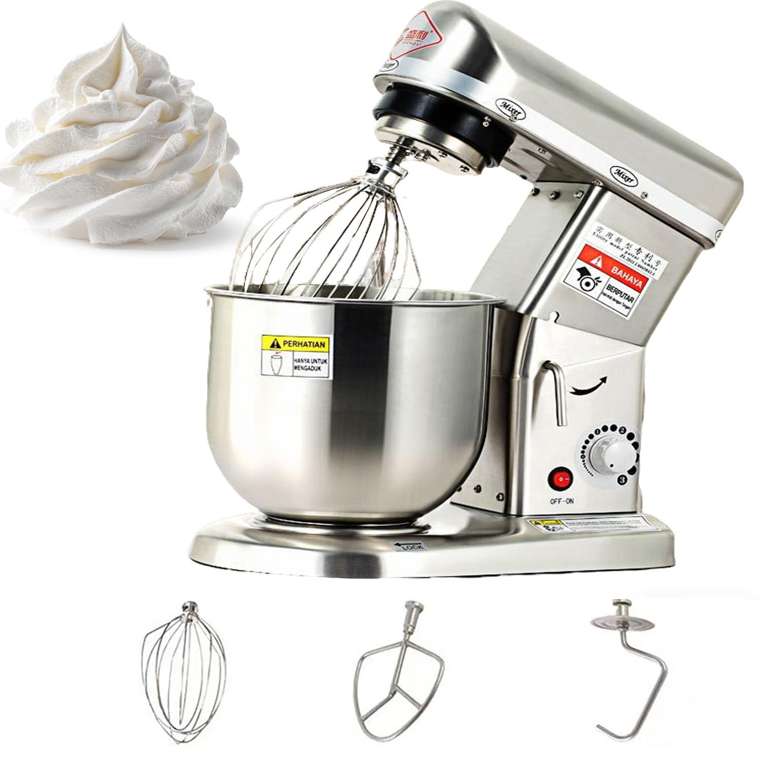Amasadora Pan Profesional,Batidora Amasadora Profesional,7l Acero Inoxidable,3 Velocidades,Gancho+batidor+mazo,para Pan Pizza Repostería Silver-10L