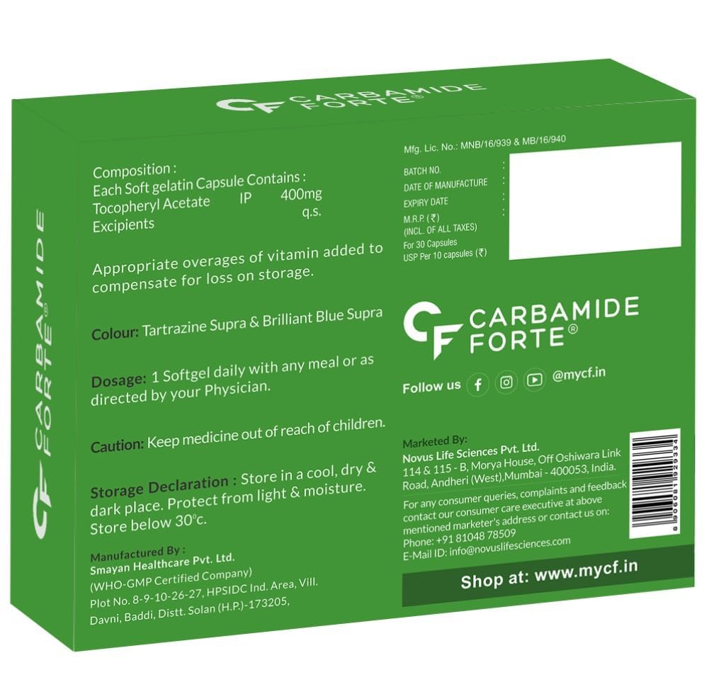 Carbamide Forte 400 mg Vitamin E Capsules for Face and Hair | 100% Natural Vitamin E Supplement with VitaminE Oil | Paraben Free - 30 Capsules — Amazon image 10