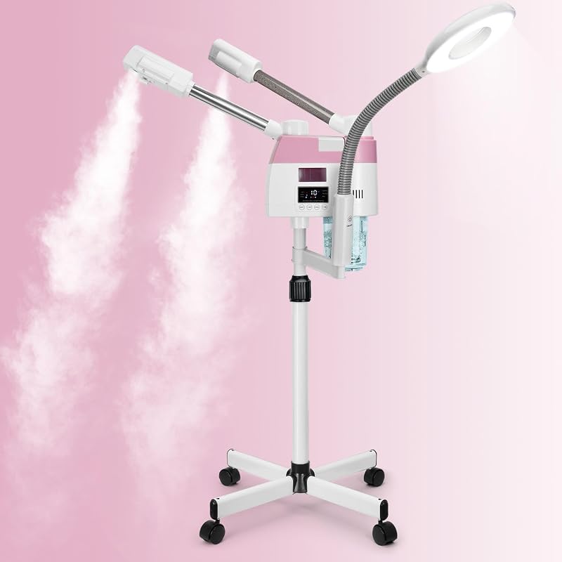 Vaporizador Facial FLOLXNB 3 em 1 com Névoa Quente e Fria, Lâmpada de Aumento 5X, Rodas e Temporizador