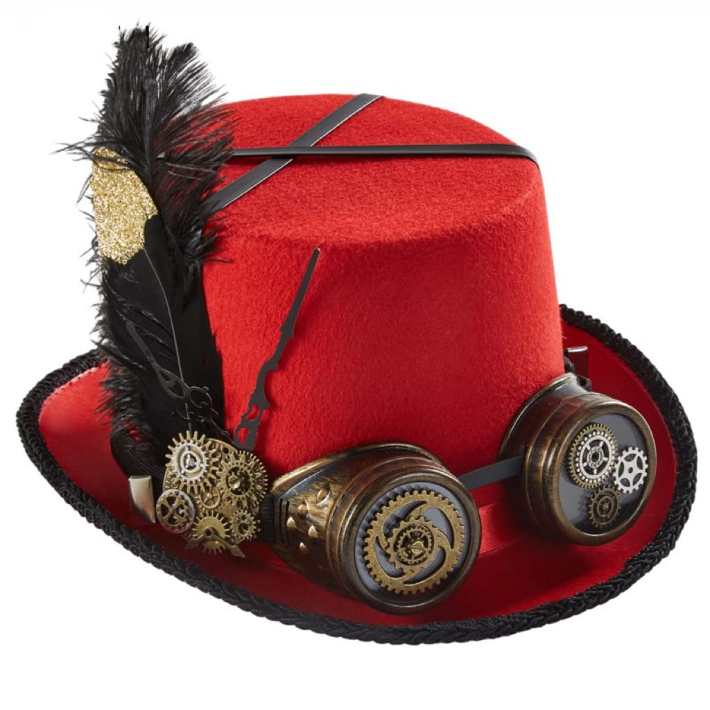 BLESSUME Steampunk Hat with Goggles Unisex for Carnival, Halloween, Theme Party (L, Rot 1)