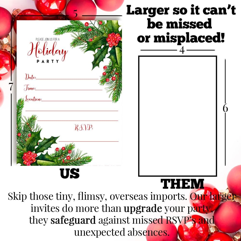 Amanda Creation Watercolor Holly Pine Christmas Party 20 Invitations 5"x7" Double-Sided Fill-In Cards with Envelopes, Holiday Celebration Stationery Set, Festive Holly Pine Theme, Made in USA