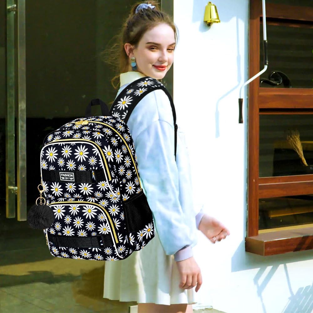 AGSDON 3PCS Backpacks for Girls, 17" Laptop School Bookbag Teen College Water Resistant Girl Backpack with Lunch Box Set - Black