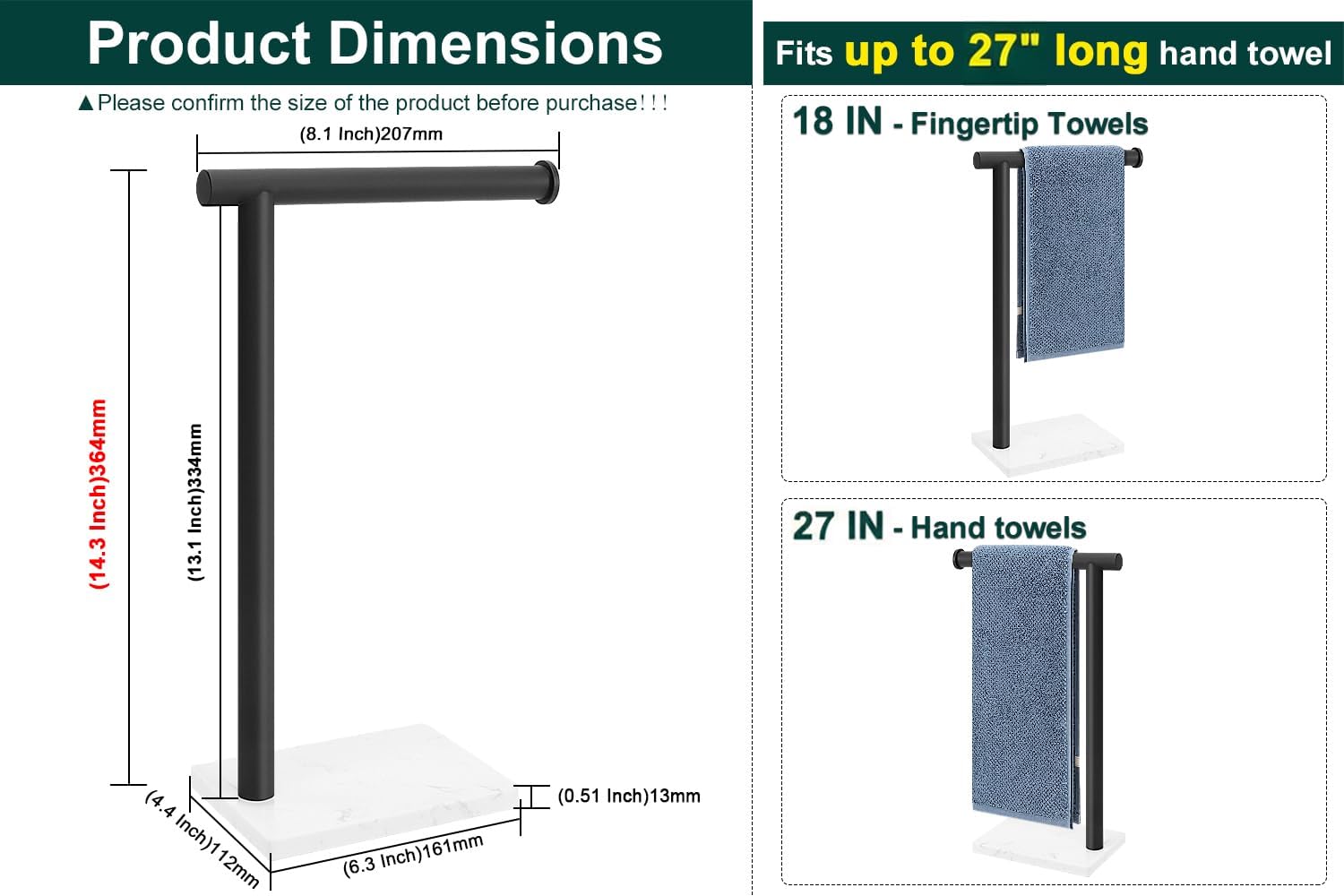 Hand Towel Holder, Hand Towel Stand for Bathroom with Marble Base, 304 Stainless Steel L Shape Hand Towel Rack Bar Standing for Vanity Kitchen Countertop, Matte Black