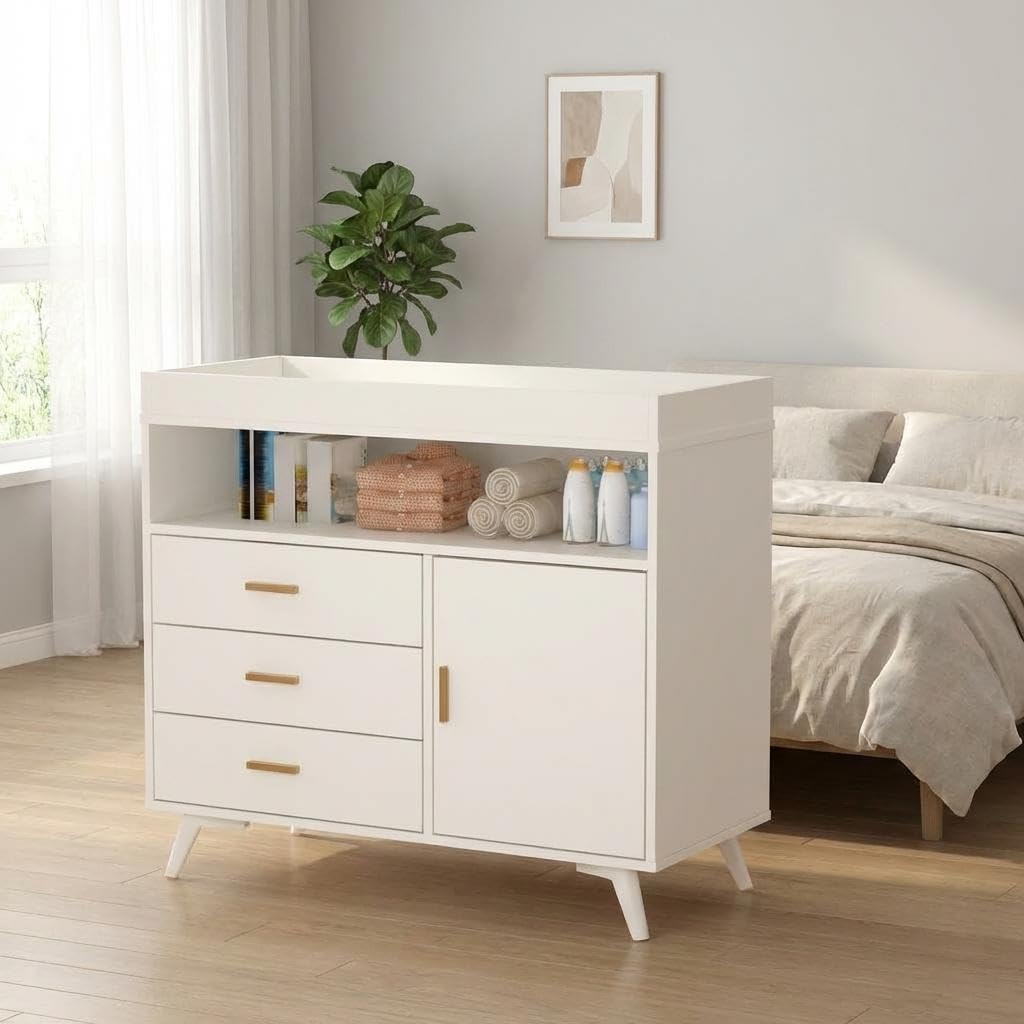 Nursery Dresser with Baby Changing Table,Diaper Changer Tables with 3-Drawer & Shelves, Wooden Baby Dresser with Top, Wood Diaper Changing Station
