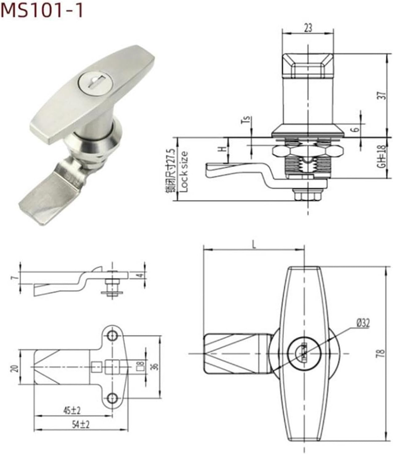 T-Type Rotary Tongue Lock 304 Stainless Steel Distribution Box Door Handle Control Cinet 1Pcs