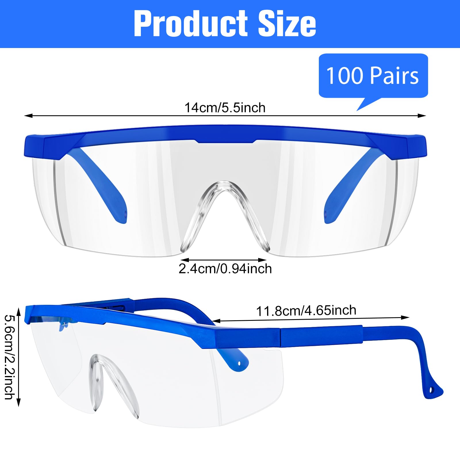 Copkim 100 Paar Laborbrillen, Bulk-Schutzbrille, Schulbrille, Anti-Beschlag-Schutzbrille für Kinder und Erwachsene, Blau