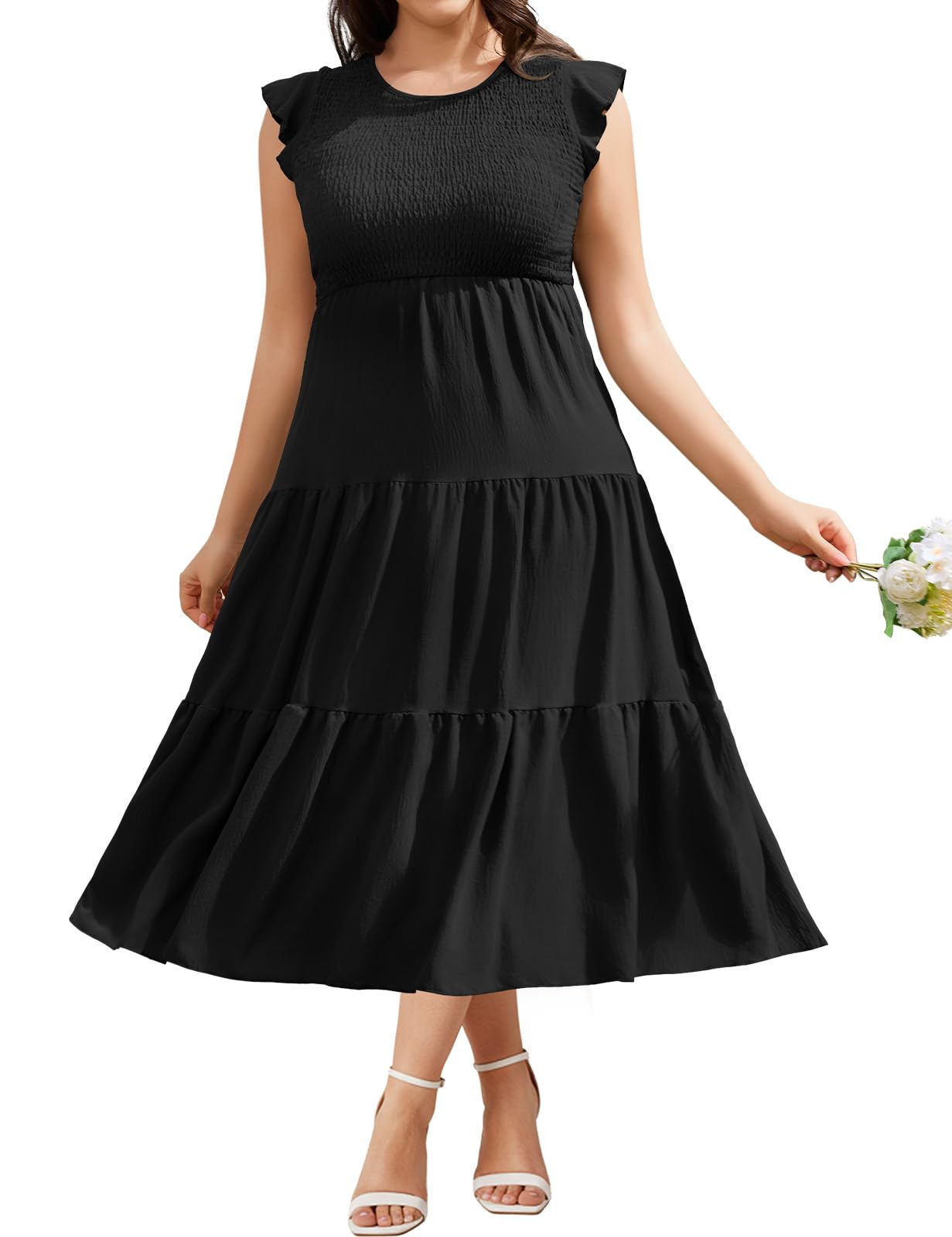 HEEKPEK Vestito Estivo Donna Taglie Forti Abito Lungo Eleganti Vestiti Girocollo con Manica a Volant Elastica Vita Casuale Ampio Abiti da Mare Spiaggia A Linea