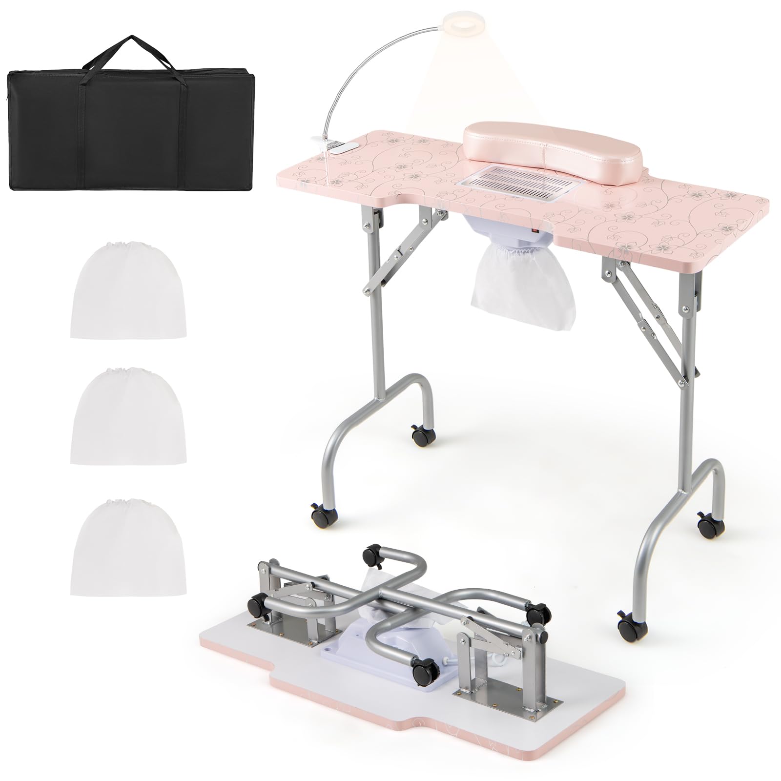 HOMASIS Tavolo Manicure con Aspirazione, Scrivania Unghie Pieghevole Portatile con Cuscino e Borsa Rosa