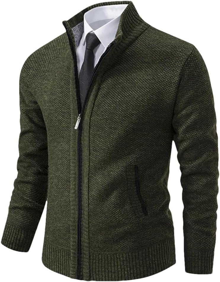 Men's Color Blocked Stand Up Collar Zipper Spliced Knitted Cardigan Jacket Solid Color Casual Loose Business Sweater Jacket