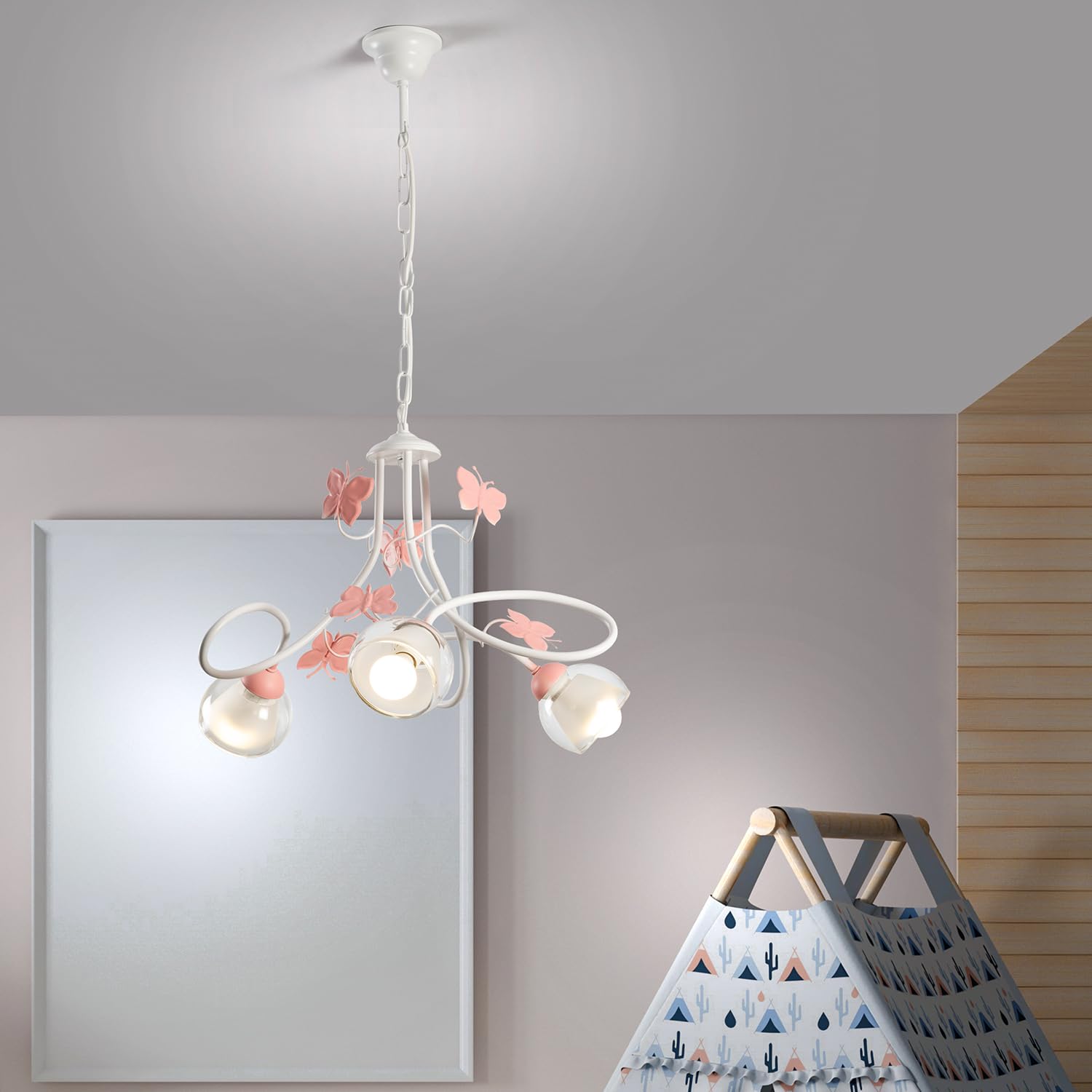 ONLI Lampadario 3 luci cameretta in Metallo Bianco con Farfalle dipinte in Rosa