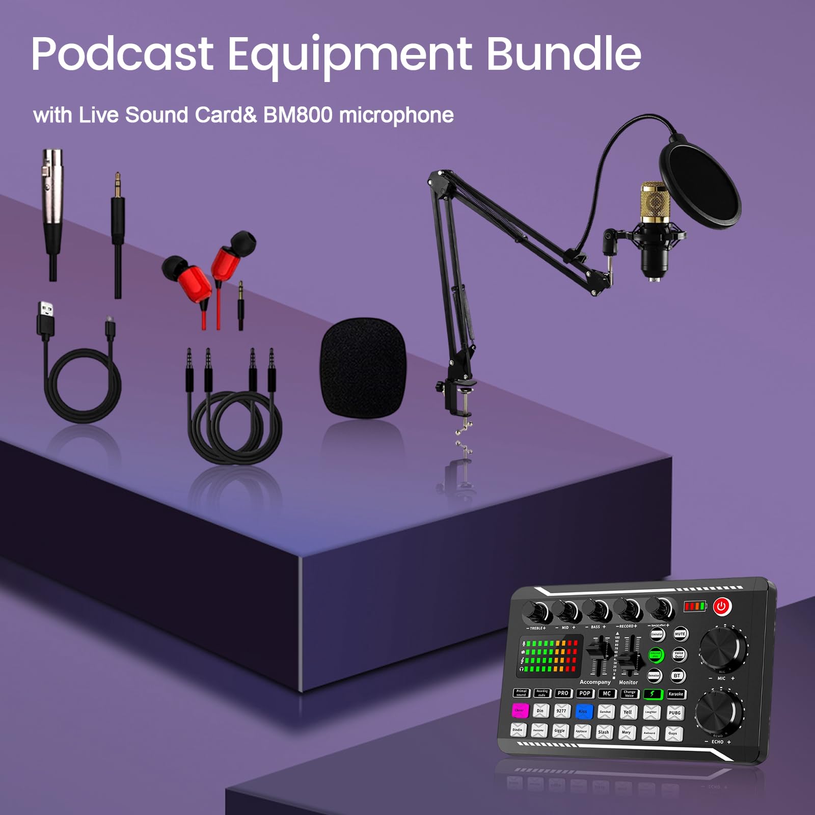 Set microfono Podcast, studio di registrazione completo con microfono | F998 Live Sound Card con microfono a condensatore BM800 DJ Mixer effetti per live streaming, gaming, YouTube, TikTok