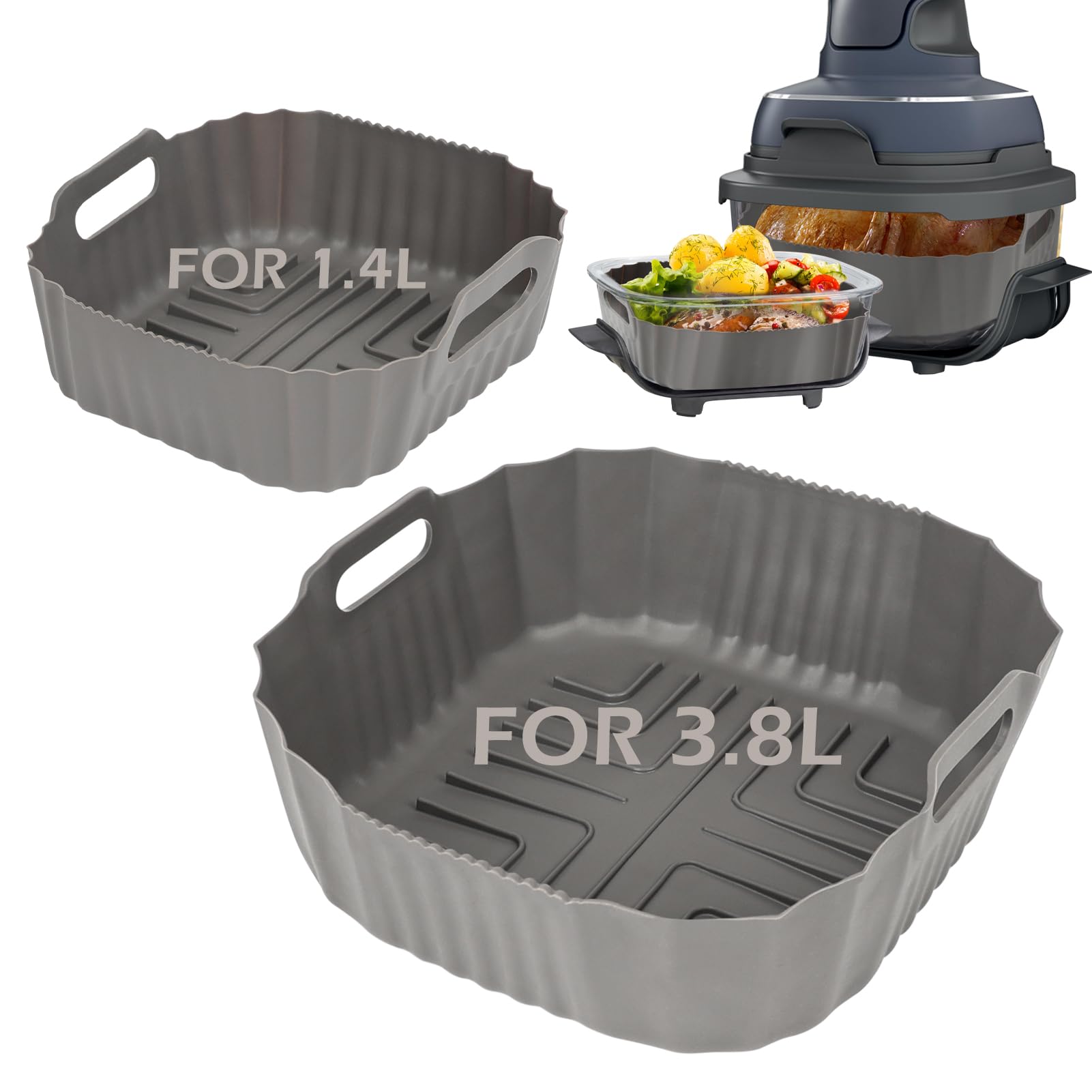 BYKITCHEN 2 Stück Airfryer Zubehör für Ninja CRISPi 4-in-1 Tragbare, Silikonform Heißluftfritteuse Zubehör für Ninja Crispy Glass Airfryer 3.8L+1.4L– Eckige Einweg Silikoneinsatz für FN101EU