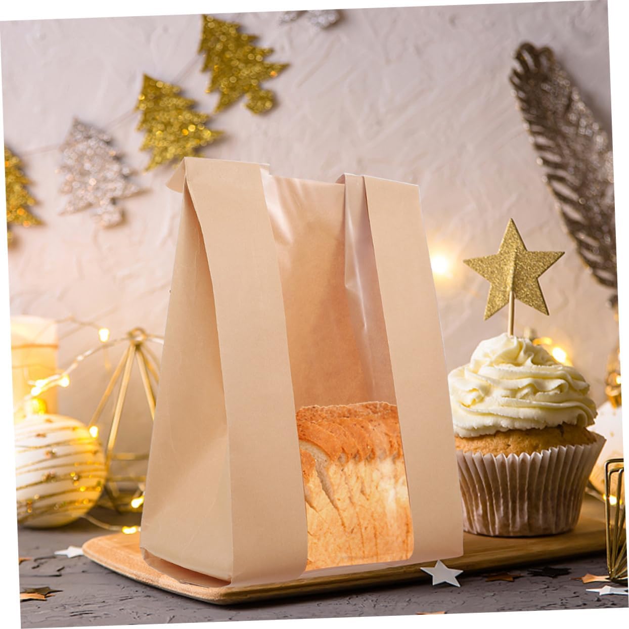 100pcs Clear Window Paper Sandwich Bags for Bakery Toast Cookies Food-safe Kraft Bags for Homemade Bread Pastries Baked Goods Storage